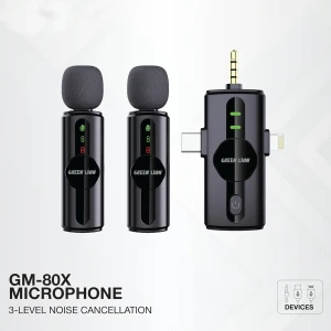 میکروفون یقه ای بی سیم دو کاربره گرین لاین مدل GM 80X رابط Type-C و Lightning و جک 3.5 میلی متری